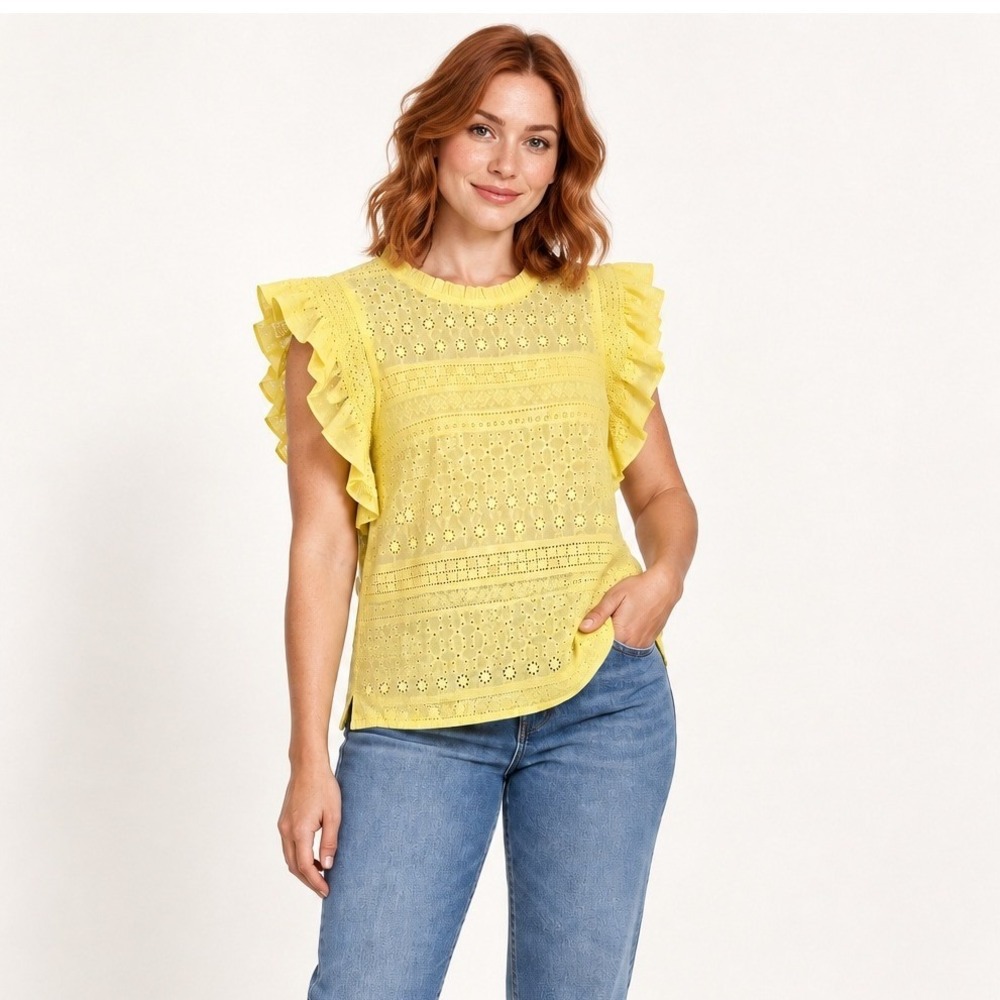 English Factory Cotton Eyelet Ruffle Sleeve Top M Yellow Cottagecore Coquette